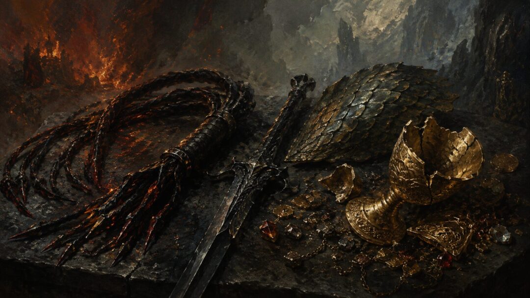 A charred Balrog whip, dark sword, dragon-scale, and scorched treasure lie on black stone as symbols of evil power.
