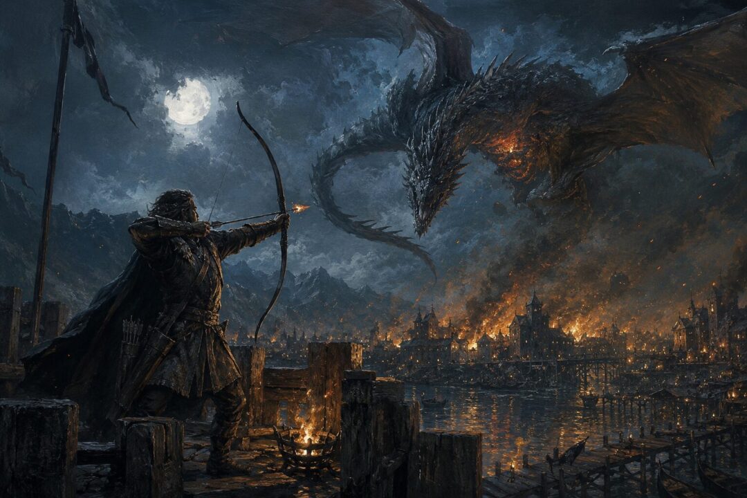 Bard drawing the Black Arrow as Smaug attacks Lake-town at night