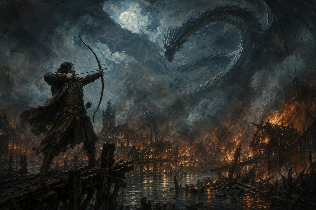 Bard the Bowman stands alone in burning Lake-town with the Black Arrow as Smaug circles above in moonlit smoke.