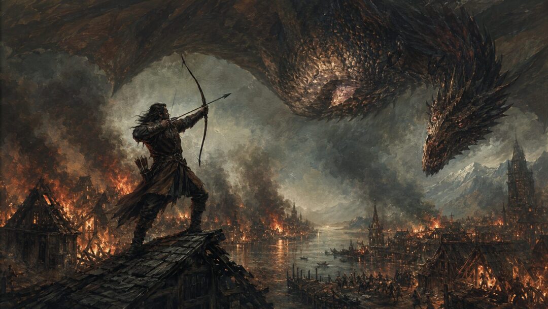 Bard the Bowman aims the black arrow at Smaug’s exposed weak spot during the burning of Lake-town