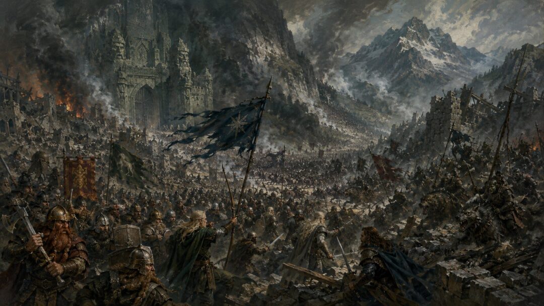 Dwarves, Elves, and Men face Goblins and Wargs in the Battle of Five Armies before the Lonely Mountain