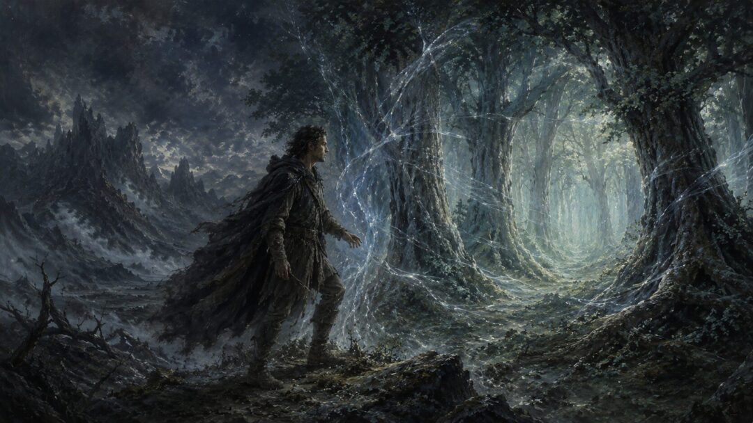 Beren steps through the glowing enchanted boundary of Doriath under the trees.