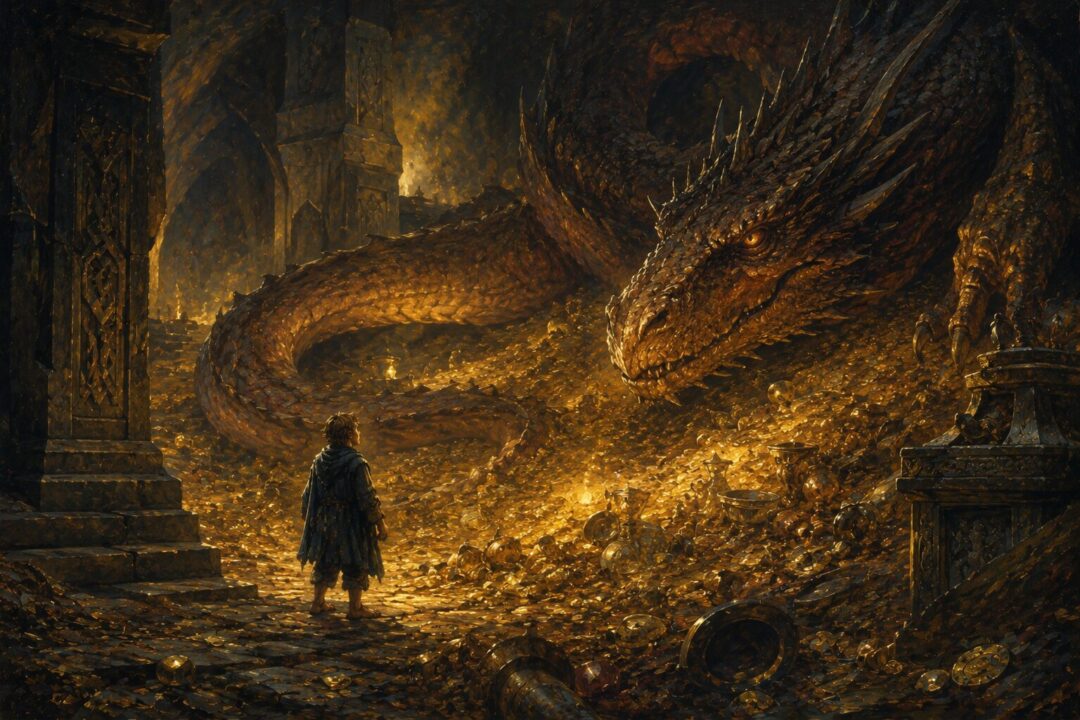 Bilbo confronting Smaug within the vast treasure chamber of the Lonely Mountain