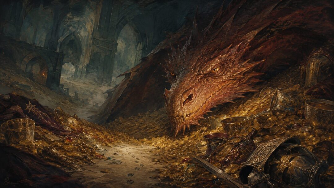 Bilbo’s hidden footprints disturb coins as Smaug bends over the hoard during their tense conversation.
