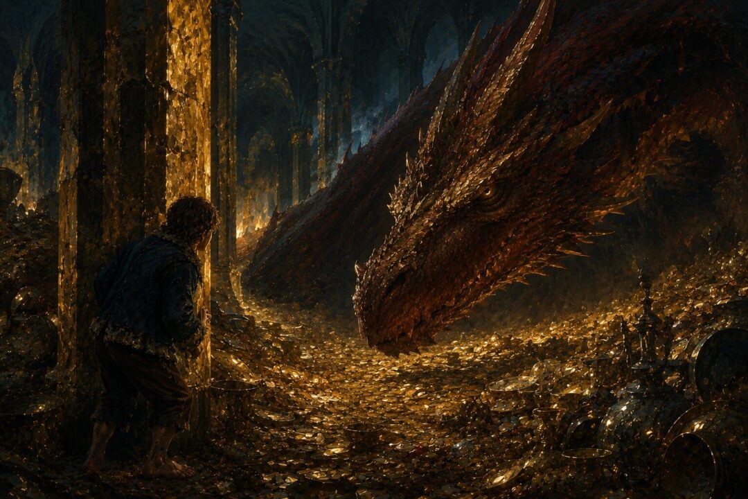 Bilbo confronting Smaug in the Lonely Mountain during their tense conversation