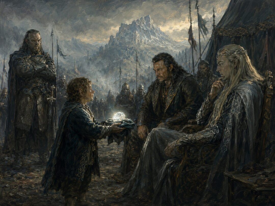 Bilbo grieves near the fallen Thorin after the Battle of Five Armies outside the Lonely Mountain.