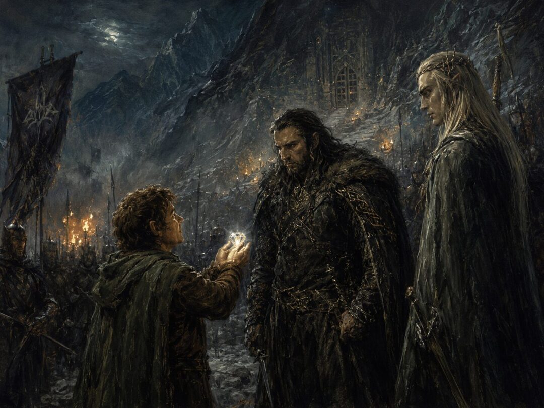 Bilbo secretly gives the Arkenstone to Bard and the Elvenking outside the Lonely Mountain at night.