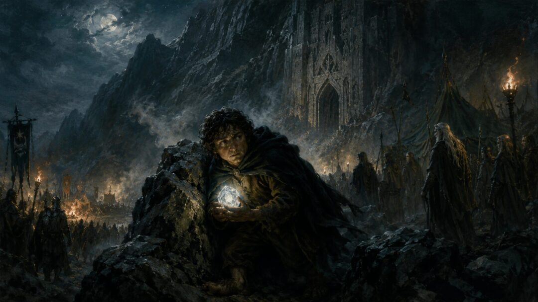 Bilbo secretly carries the glowing Arkenstone through the night toward the camps of Men and Elves.