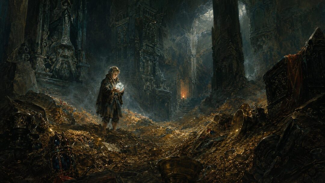 Bilbo Baggins holding the glowing Arkenstone inside the treasure hoard of Erebor