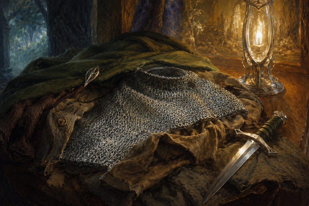 A fine mithril mail-shirt lies beneath plain hobbit clothing in quiet Rivendell light.