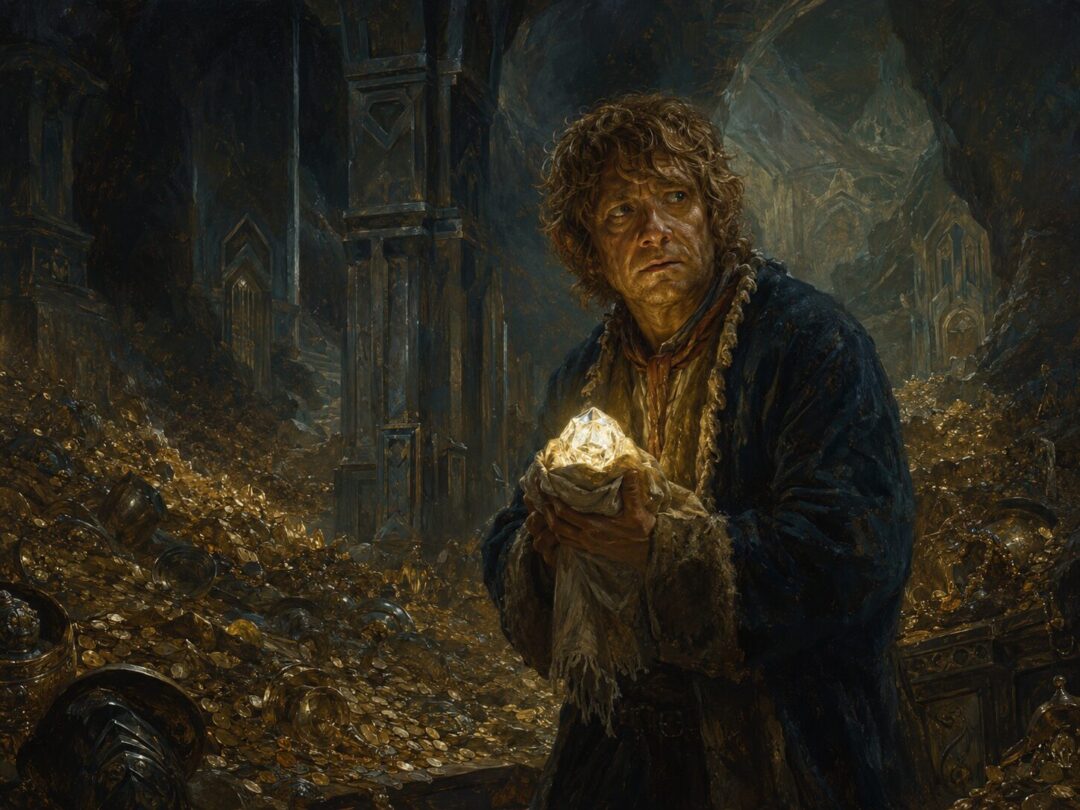 Bilbo offers the wrapped Arkenstone to Bard and the Elvenking in the camp before Erebor.