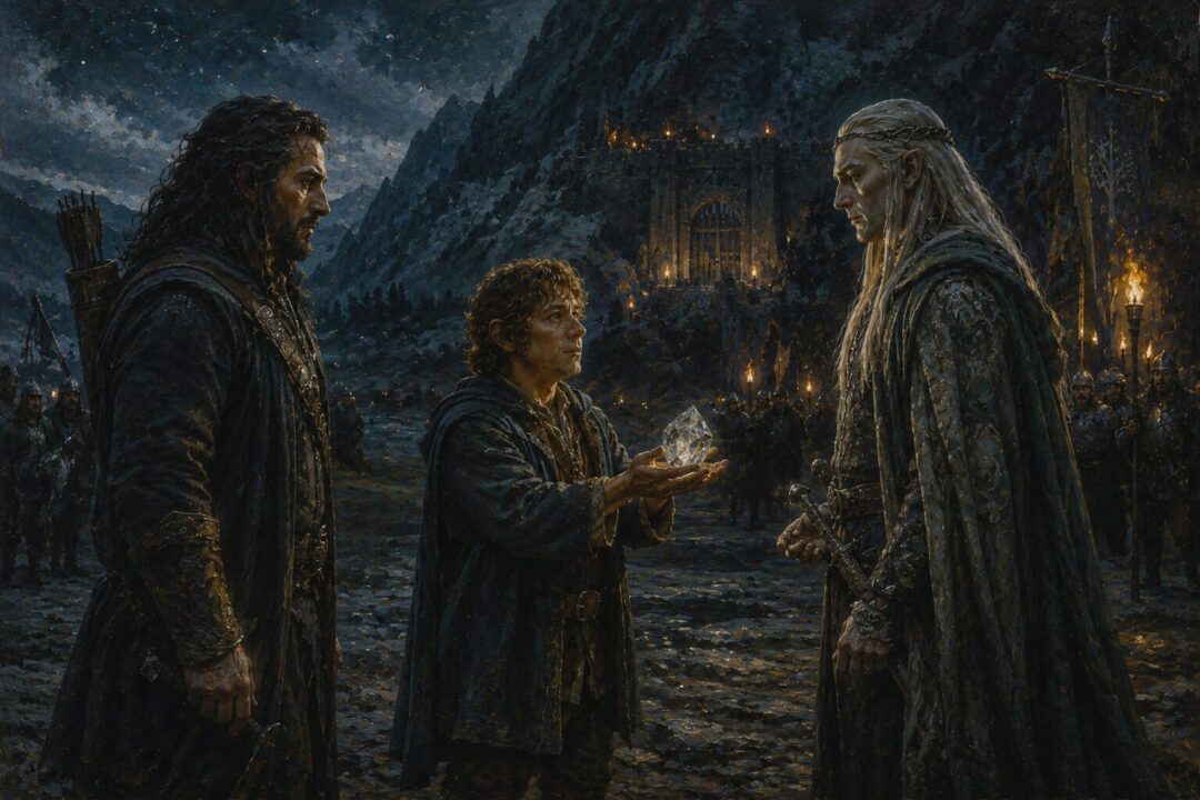 Bilbo presenting the Arkenstone to Bard and the Elvenking to prevent war