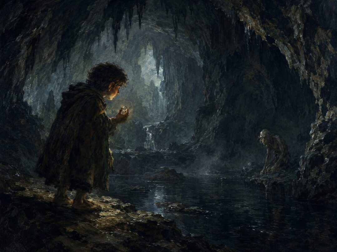 Bilbo holds the Ring in a dark cave beneath the Misty Mountains while Gollum lingers near the underground lake.