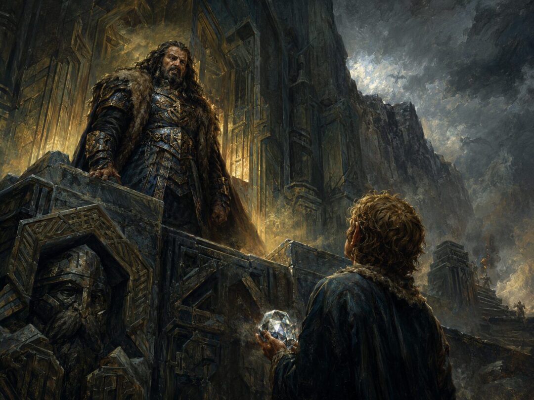 Bilbo Baggins holding the glowing Arkenstone in a dark treasure chamber inside the Lonely Mountain.