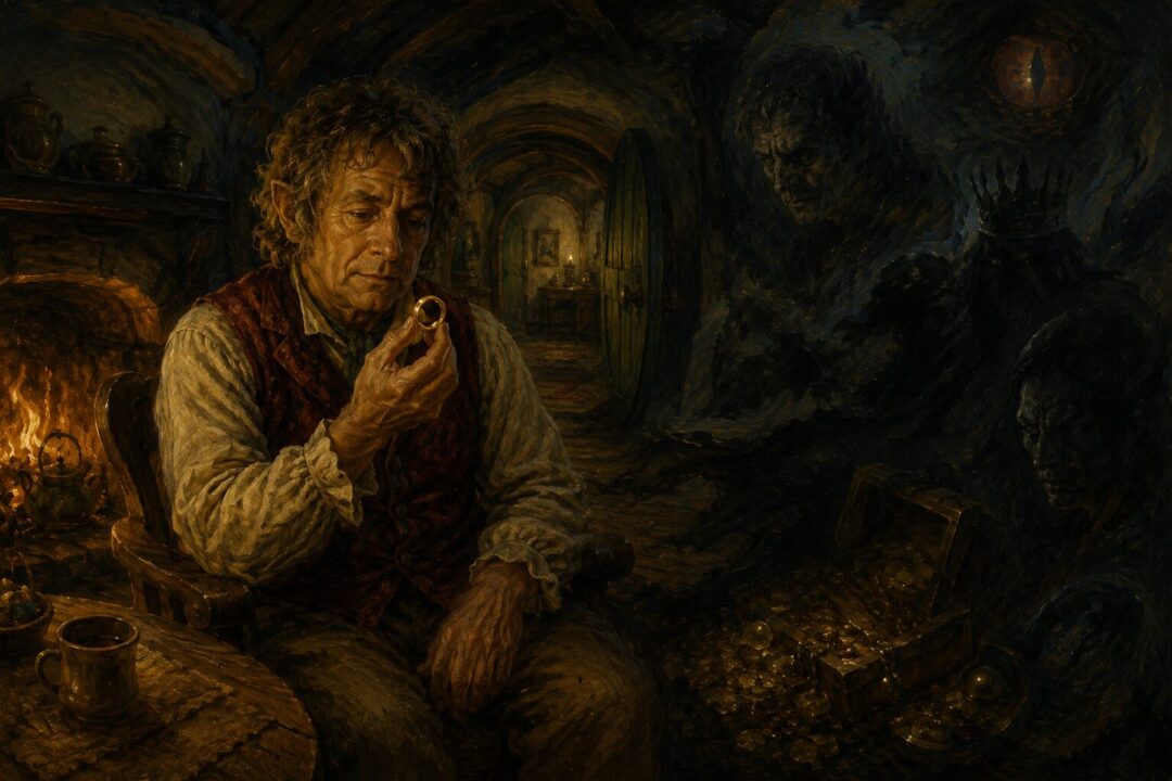 Bilbo holding the Ring in Bag End while subtle signs of corruption and unnatural time surround him