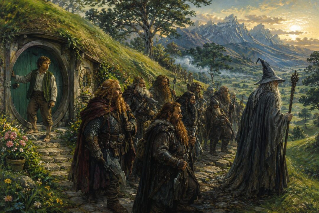 Bilbo Baggins standing outside Bag End as the quest with Thorin's Company begins