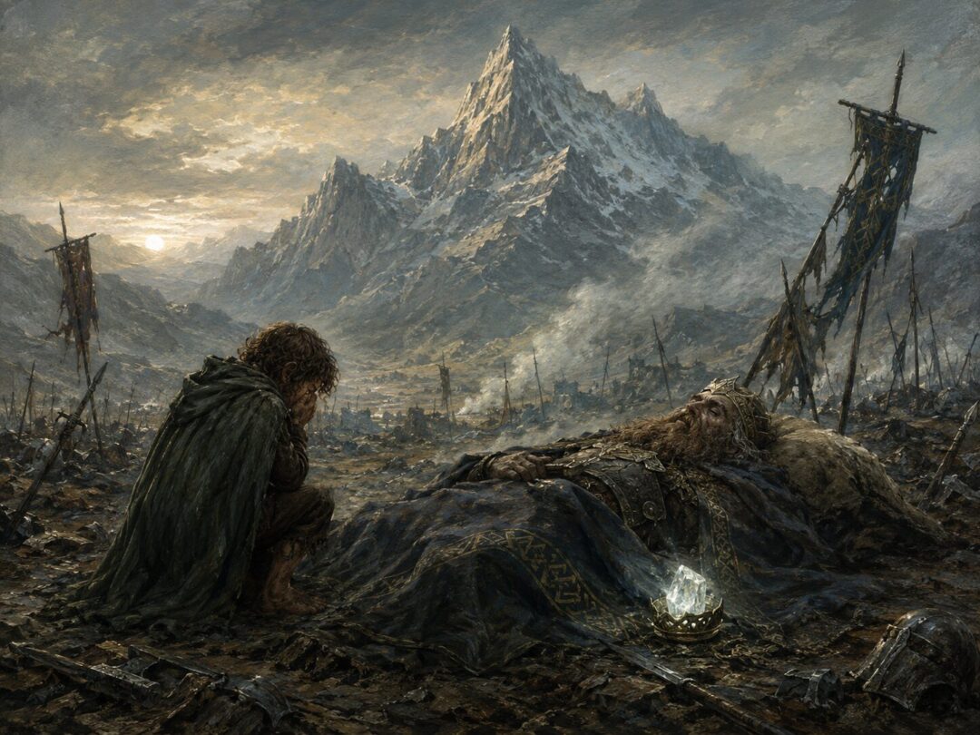 Bilbo secretly descends from the Front Gate of the Lonely Mountain at night with the hidden Arkenstone.