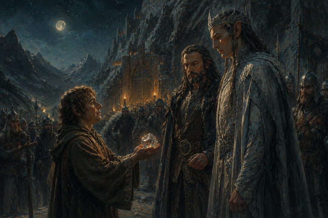 Bilbo Baggins presenting the Arkenstone to Bard and the Elvenking outside Erebor at night