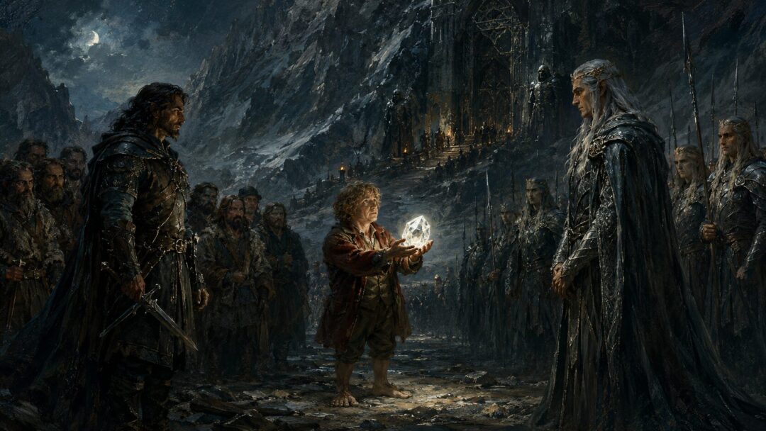 Bilbo offering the Arkenstone to Bard and the Elvenking before the Lonely Mountain