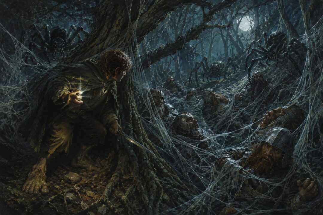 Bilbo using stealth and courage to free the Dwarves from giant spiders in Mirkwood
