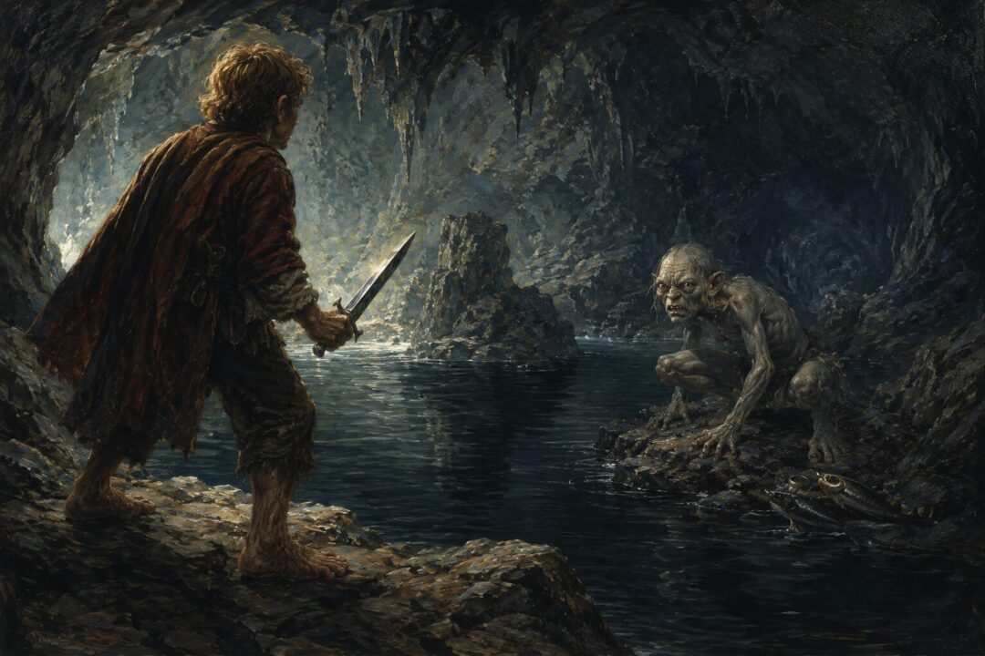 Bilbo sparing Gollum beside the underground lake beneath the Misty Mountains