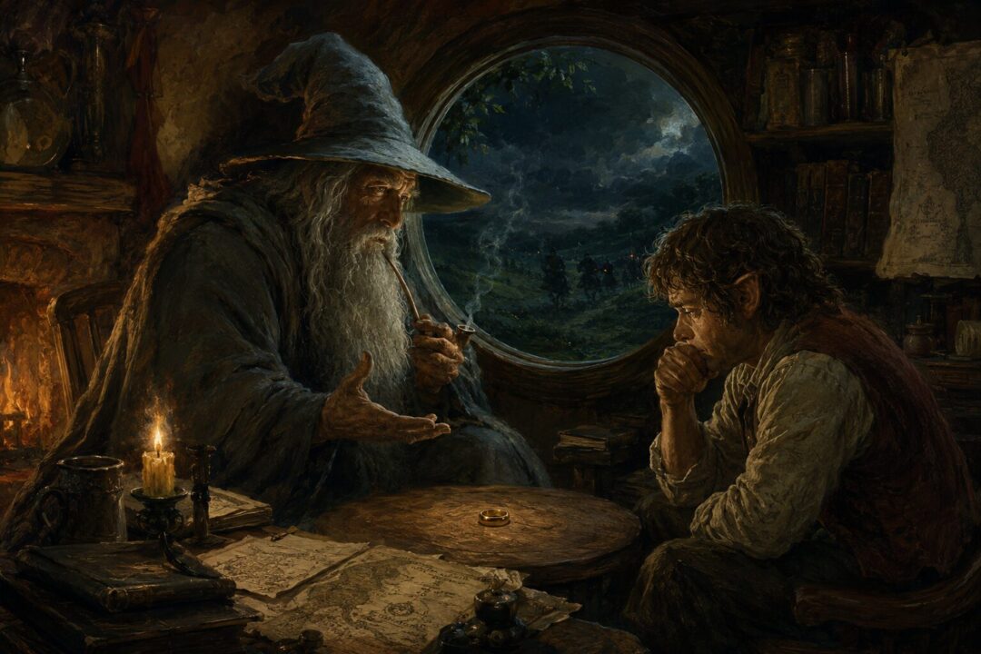 Bilbo’s mercy is symbolized in the dark caves as Gollum crouches beside the underground lake, unaware he has been spared.