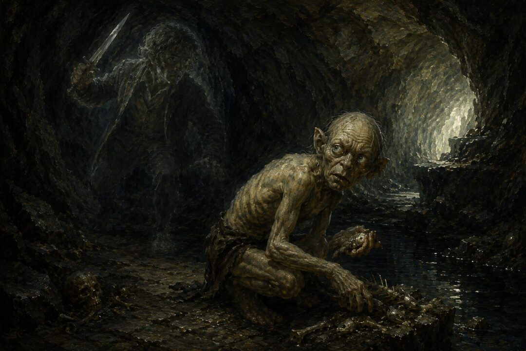 Bilbo hesitating before killing Gollum and choosing mercy in the goblin tunnels