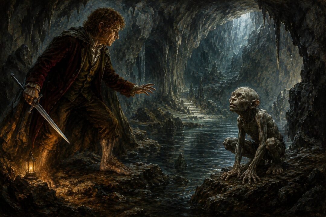 Bilbo showing mercy to Gollum beside an underground lake beneath the Misty Mountains