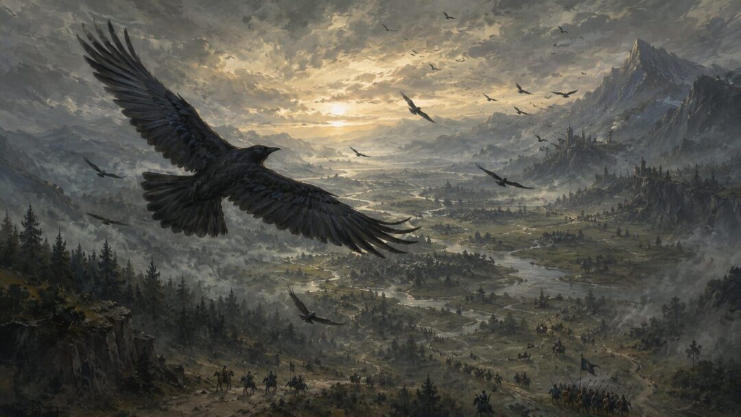 Birds fly over forests, rivers, roads, and mountains as hidden messengers across Middle-earth.