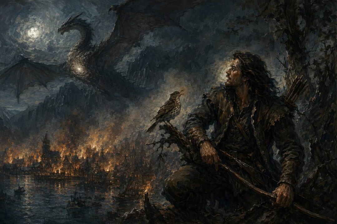 A black arrow rests across worn hands, symbolizing Bard’s inherited memory of Dale and the Lonely Mountain.