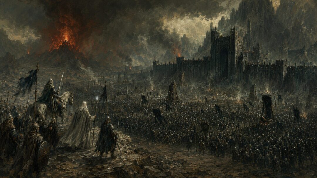 A vast army of Mordor gathered behind the Black Gate while a smaller host of the West stands before it.