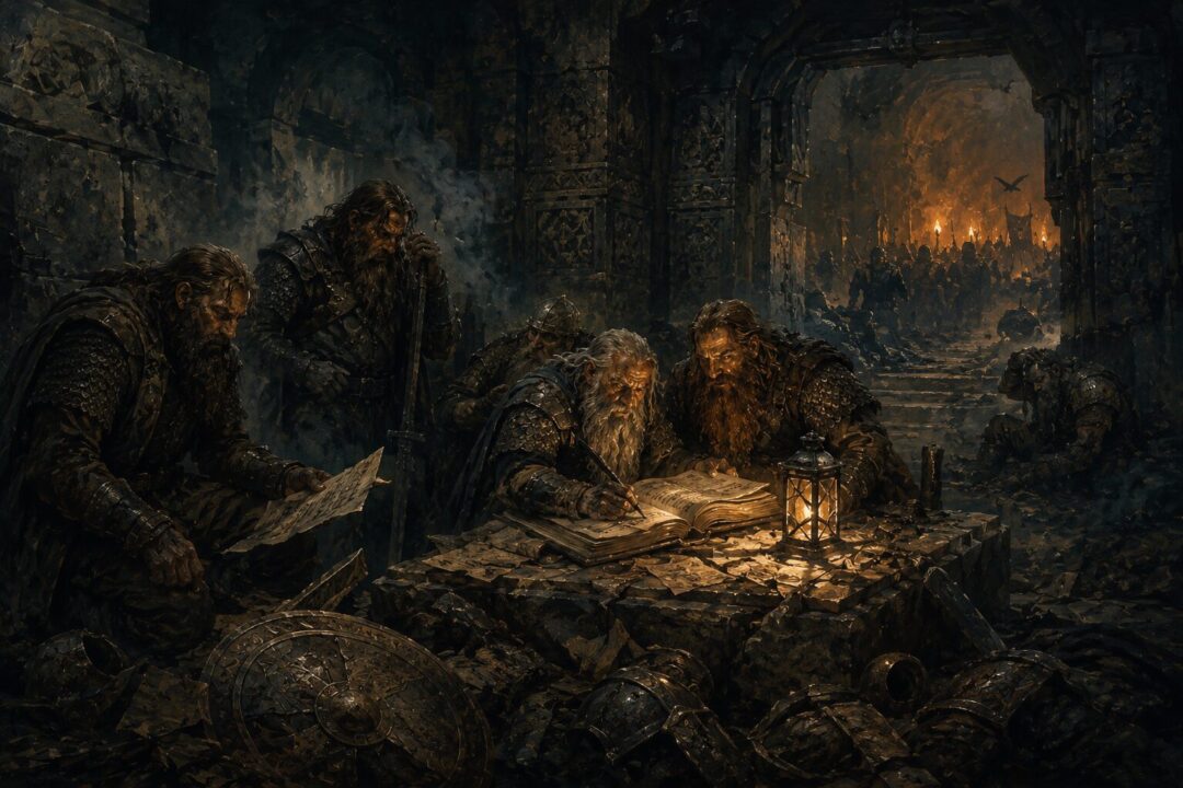 Dwarven defenders preserving the final entries of the Book of Mazarbul during the fall of Balin’s colony