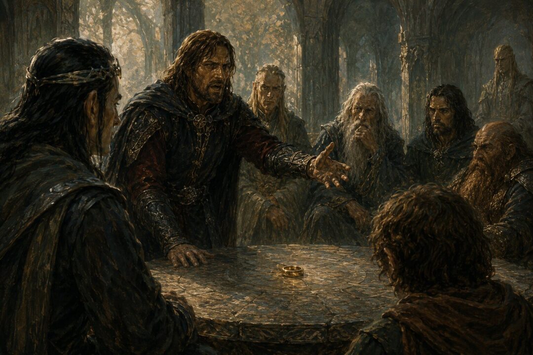 Boromir speaking passionately at the Council of Elrond about using the Ring against Sauron.