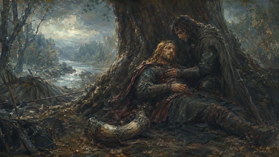 Aragorn kneeling beside the dying Boromir after the breaking of the Fellowship