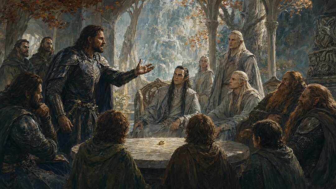 Boromir arguing at the Council of Elrond while the One Ring rests before the gathered peoples.