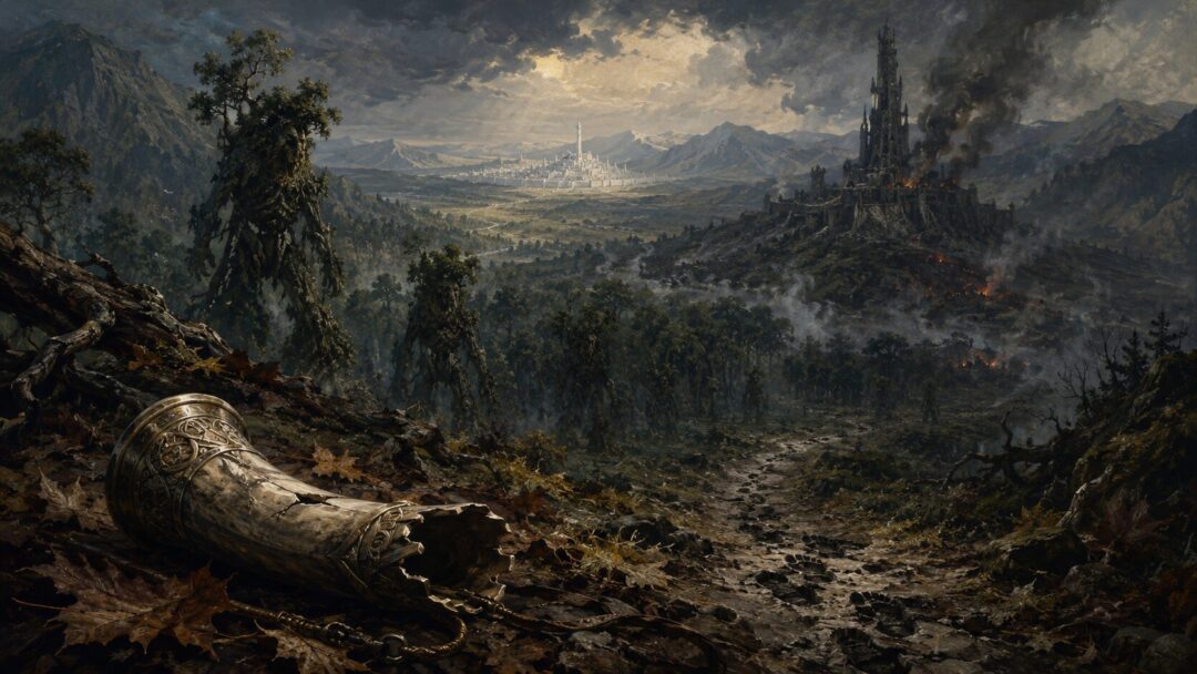 Boromir wounded beneath the trees of Amon Hen while defending Merry and Pippin from Orcs