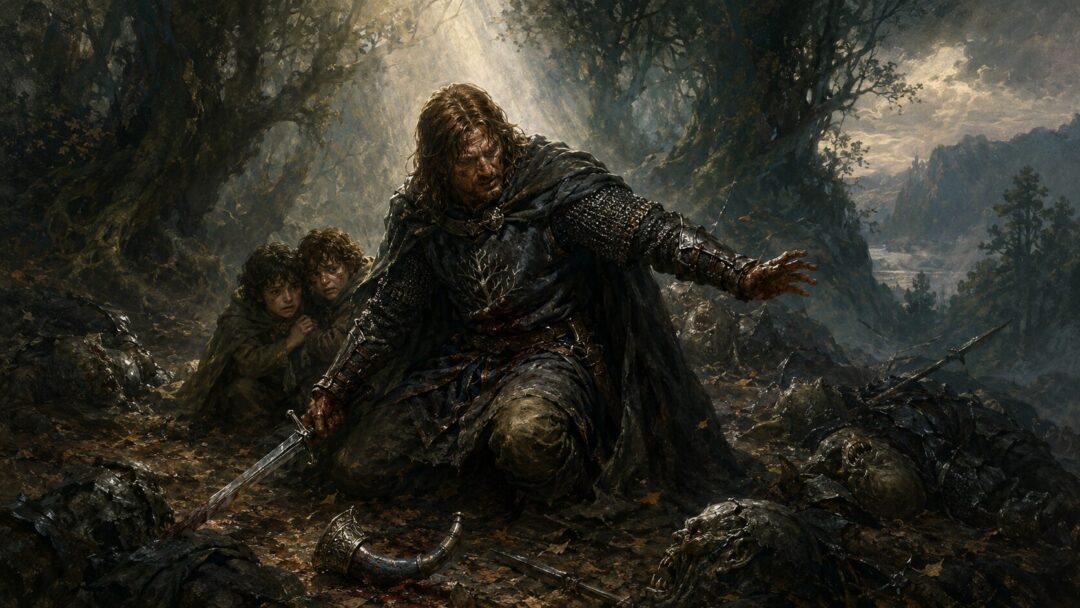 Boromir wounded after battle while defending the hobbits near Amon Hen.