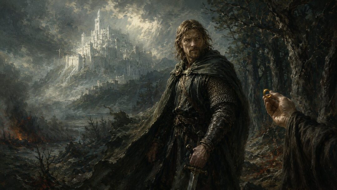 Boromir of Gondor facing the temptation of the One Ring with Minas Tirith imagined behind him.