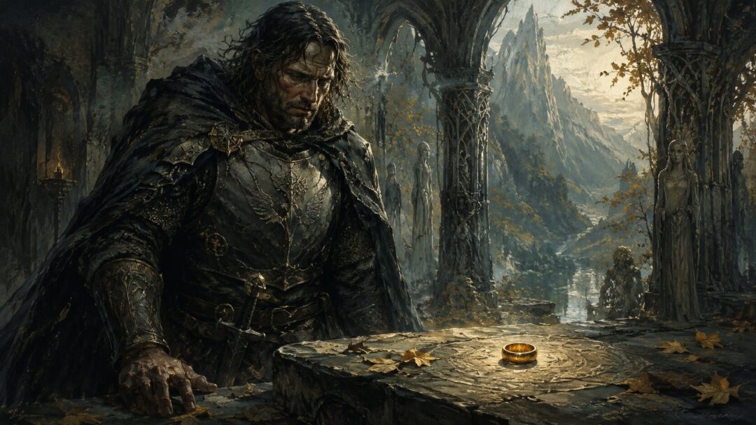 Boromir-like Gondorian captain facing the temptation of the One Ring in Rivendell