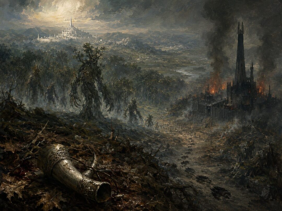 Symbolic scene of Boromir’s broken horn, Orc tracks, Ents, and a distant threatened city