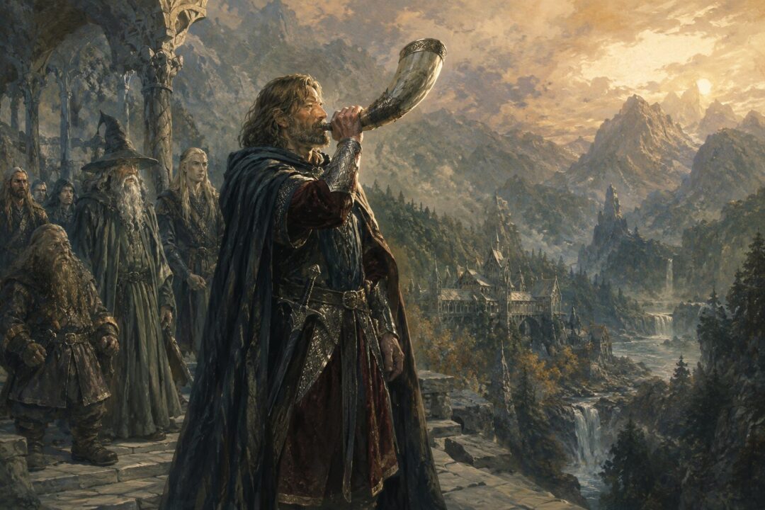 Boromir sounding the silver-tipped Horn of Gondor before departing from Rivendell