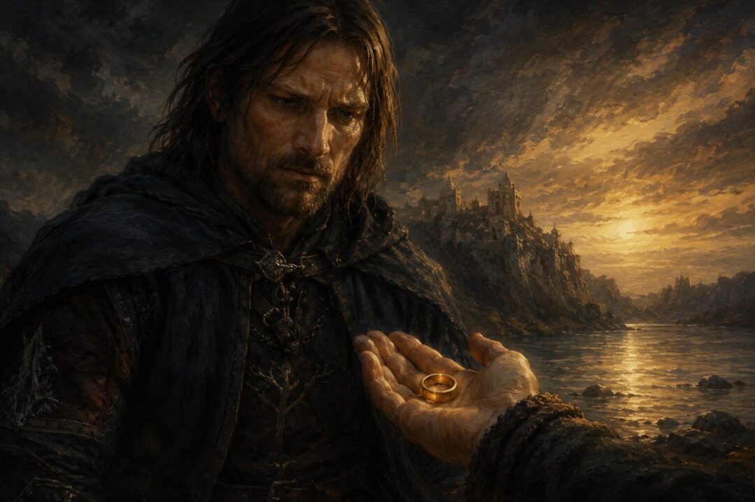 Boromir struggling with temptation beside the Anduin River