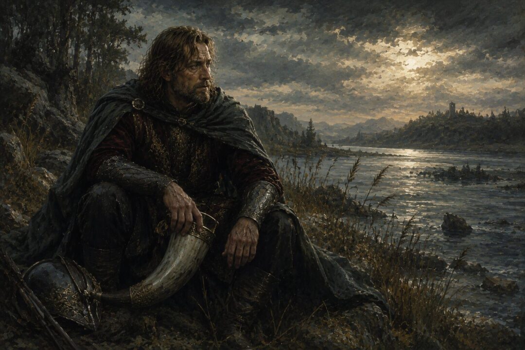 Boromir beside the Anduin holding the Horn of Gondor in a moment of inner conflict