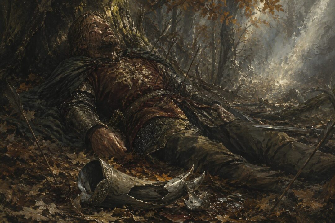 The broken Horn of Gondor beside Boromir after the battle at Parth Galen