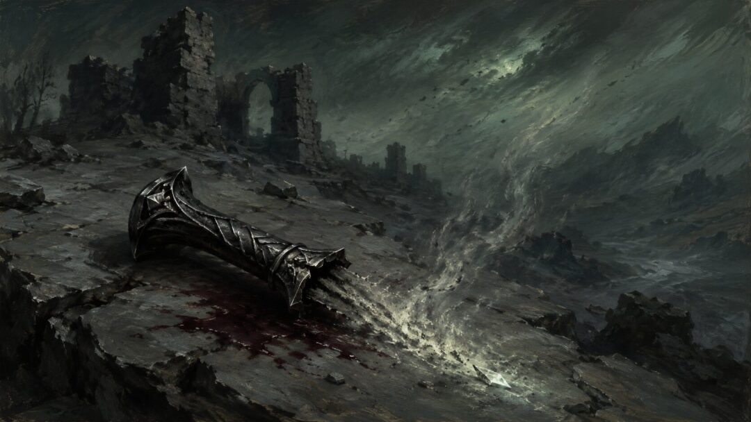 A broken Morgul-knife hilt on cold stone with a faintly glowing shard of evil light.