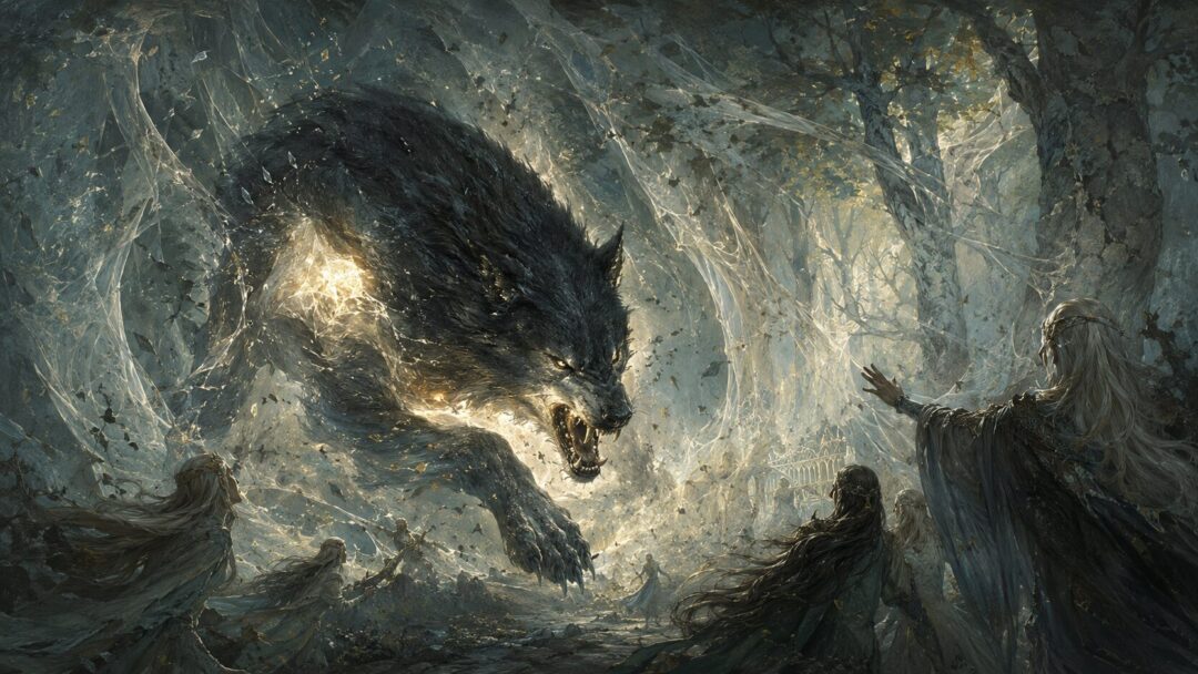 Carcharoth the great wolf bursts through the enchanted woods of Doriath with light burning within him.