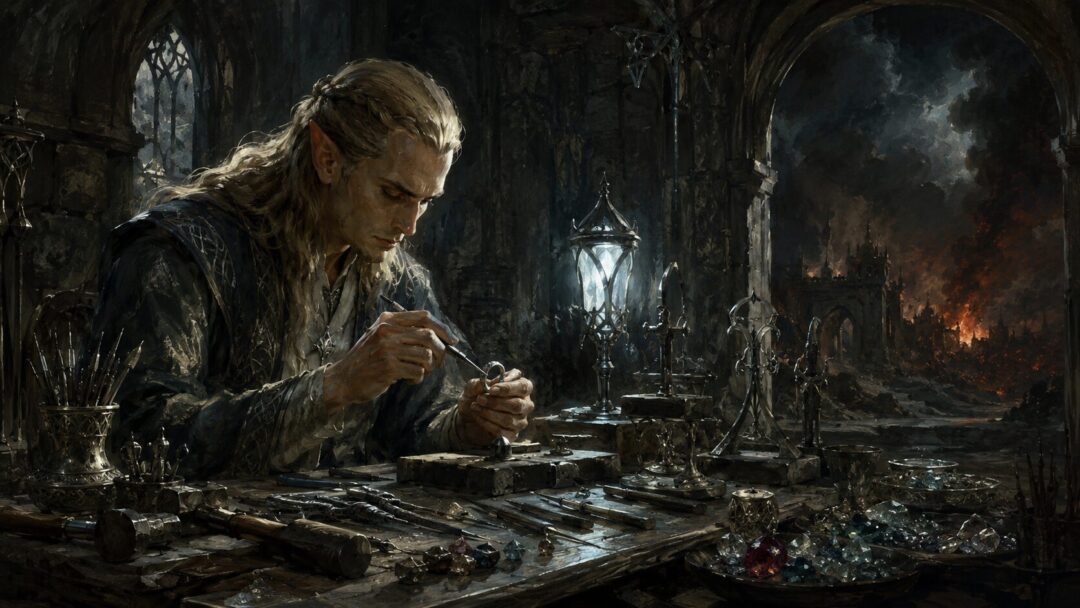 An Elven smith in Eregion crafting a delicate Ring of Power in secrecy under cool lamplight.