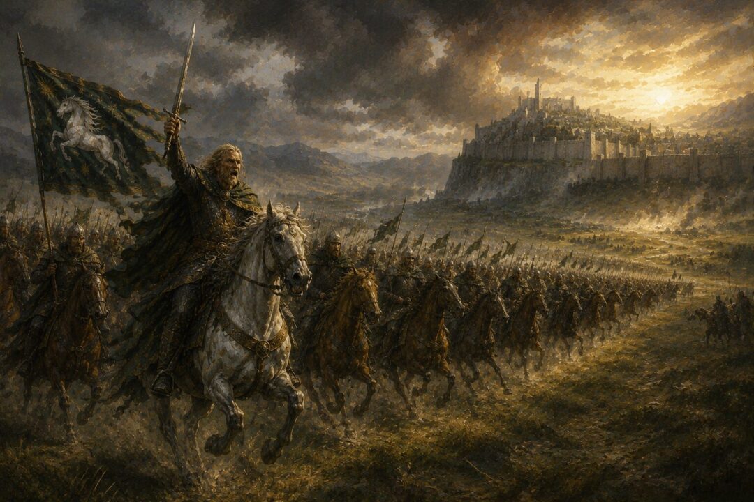 The Rohirrim charging across the Pelennor Fields before Minas Tirith