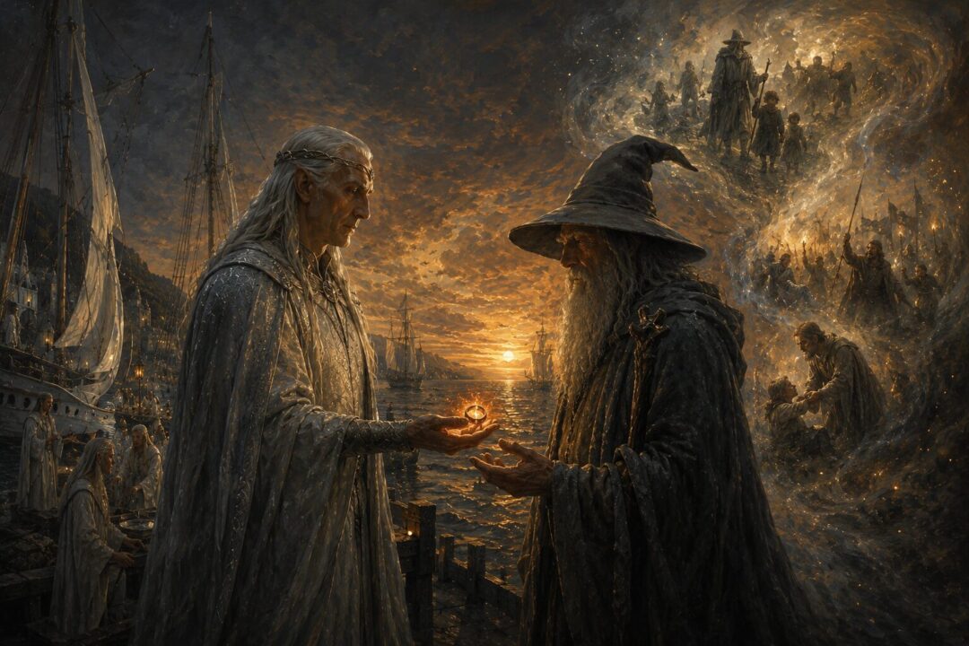 Círdan the Shipwright passing Narya to Gandalf at the Grey Havens during a glowing sunset