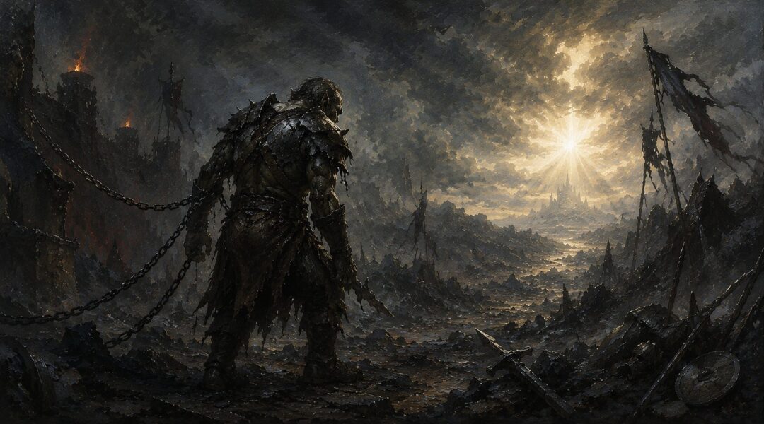 Mythic collage connecting Orcs, the One Ring, Gollum, Saruman, and the theme of corruption versus free will